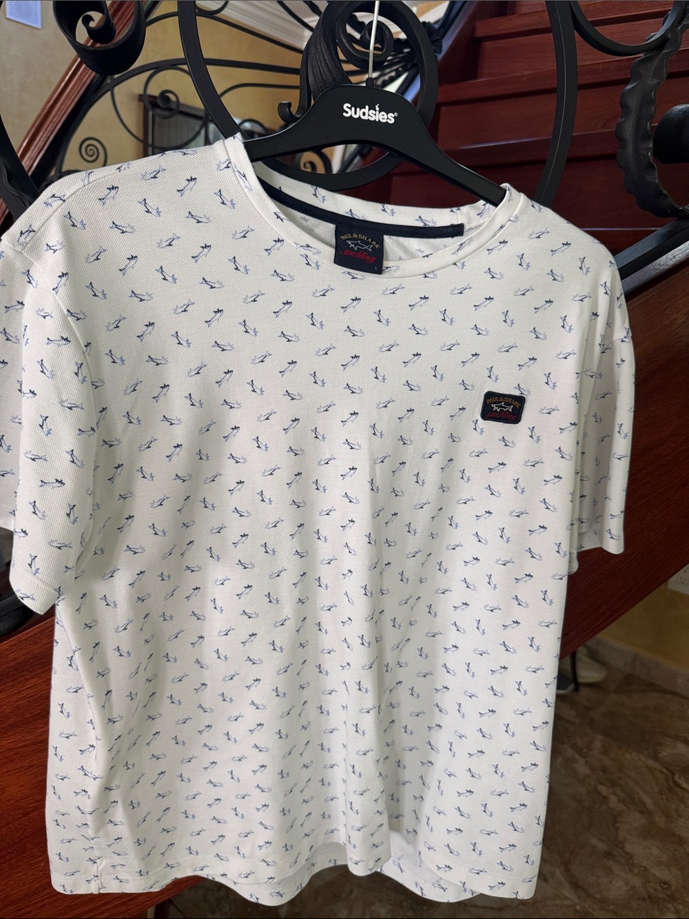 Paul & Shark White Short-Sleeve Tee with Navy Micro Print